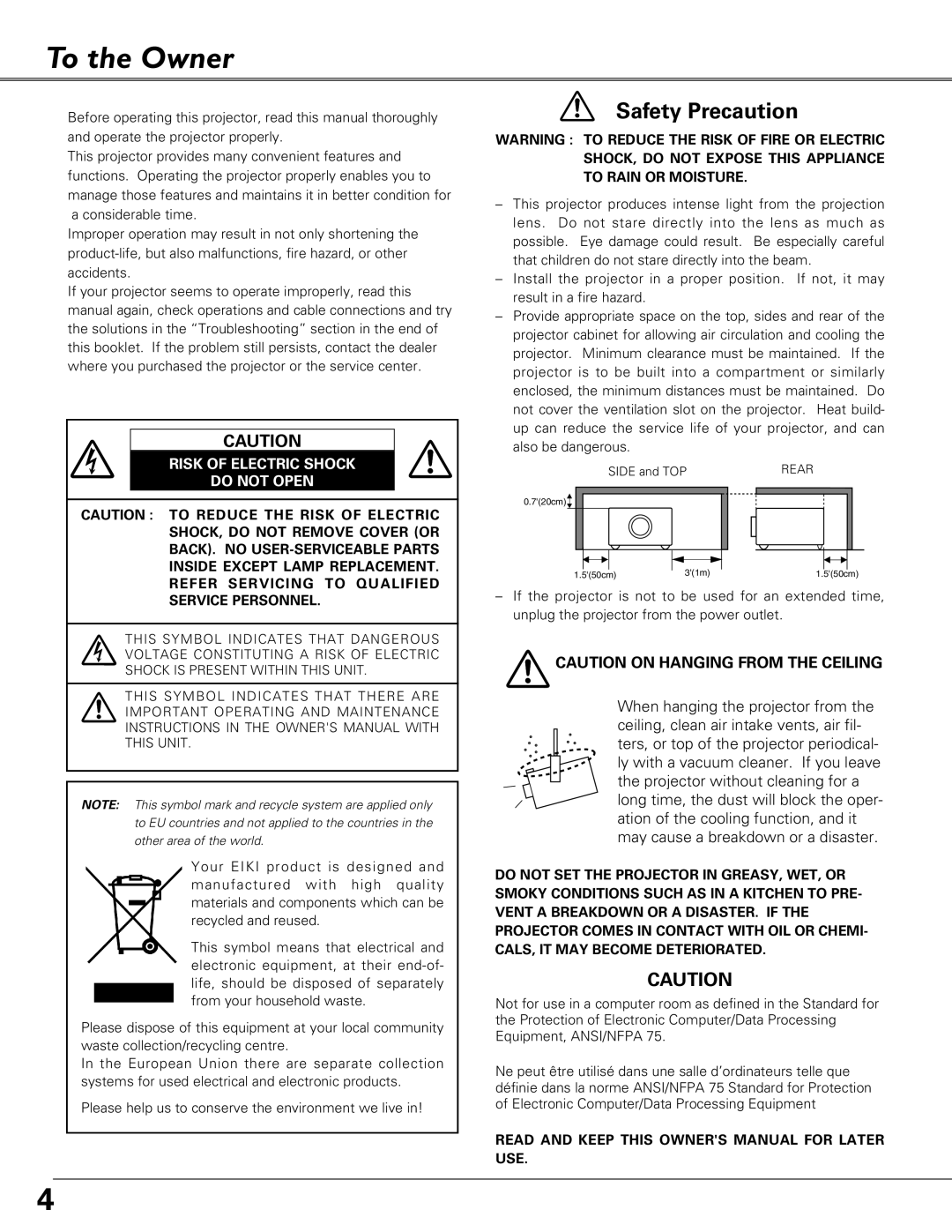 Eiki LC-XB23 owner manual To the Owner, Risk of Electric Shock Do not Open 