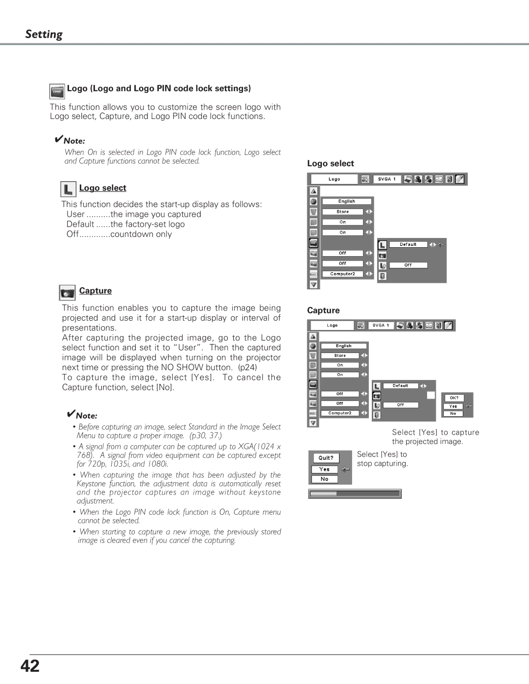 Eiki LC-XB23 owner manual Logo Logo and Logo PIN code lock settings, Logo select, Capture 