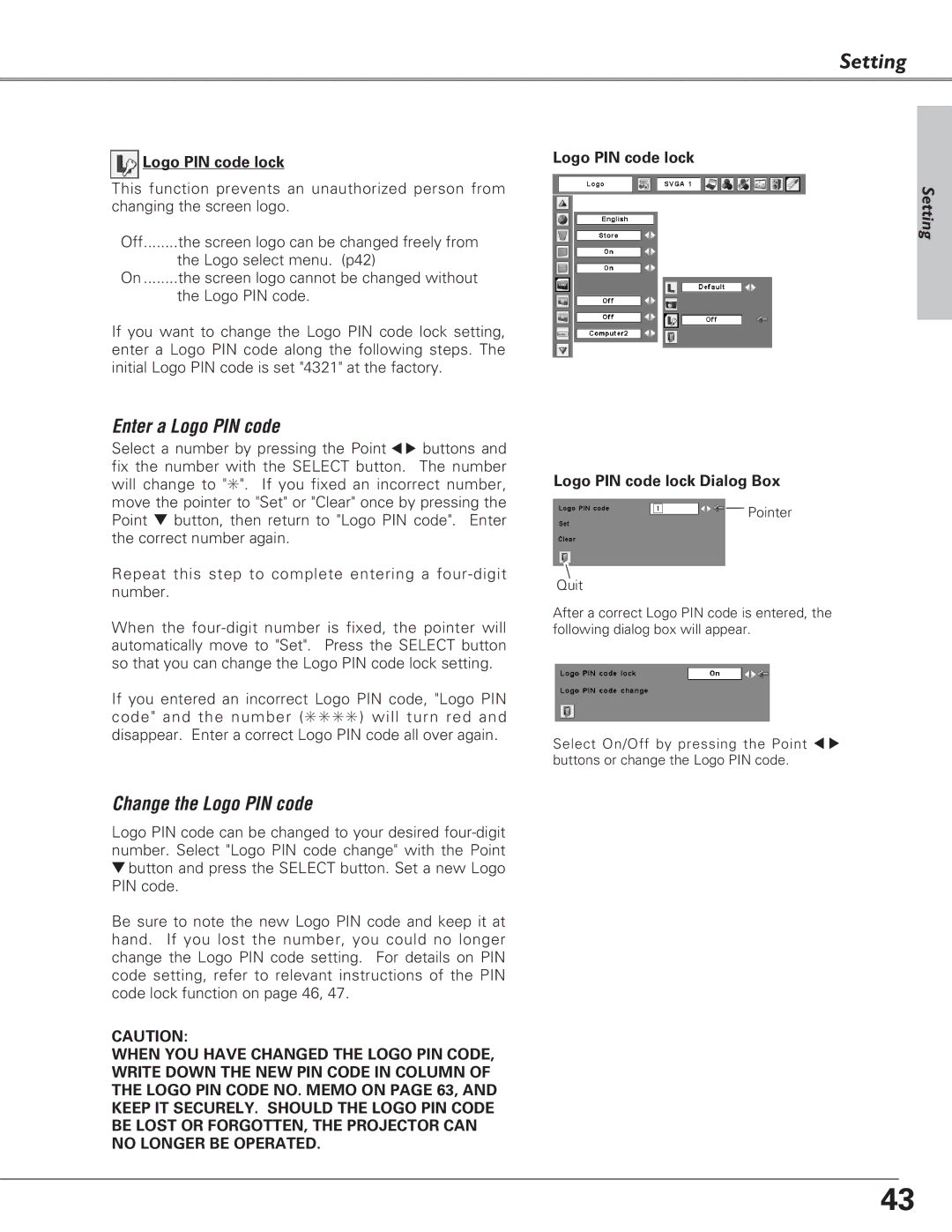 Eiki LC-XB23 owner manual Logo PIN code lock Dialog Box 