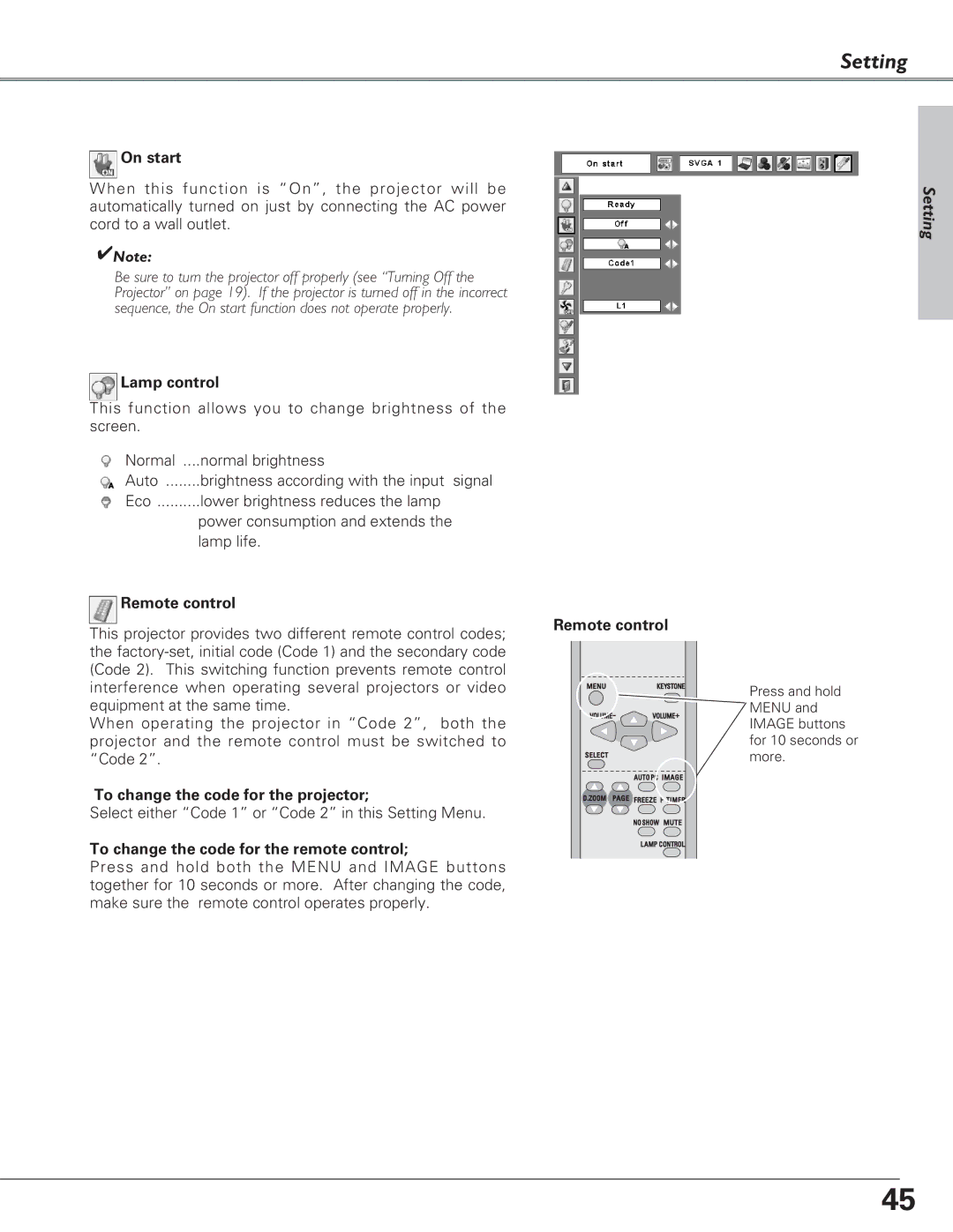 Eiki LC-XB23 On start, Lamp control, To change the code for the projector, To change the code for the remote control 