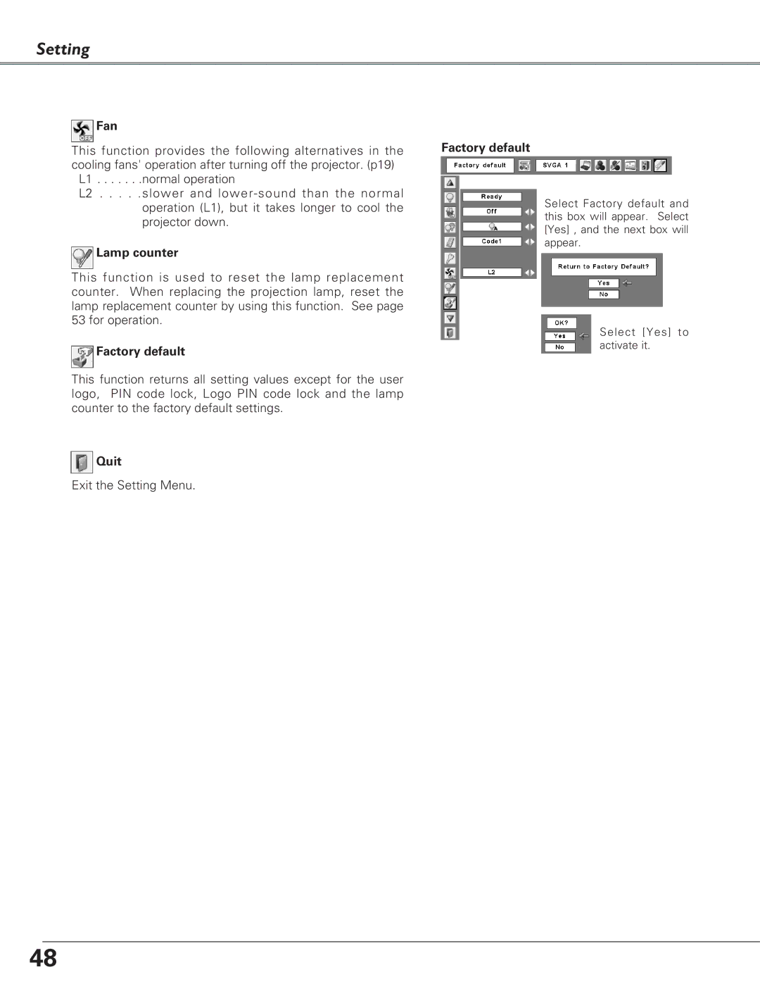 Eiki LC-XB23 owner manual Factory default, Lamp counter 