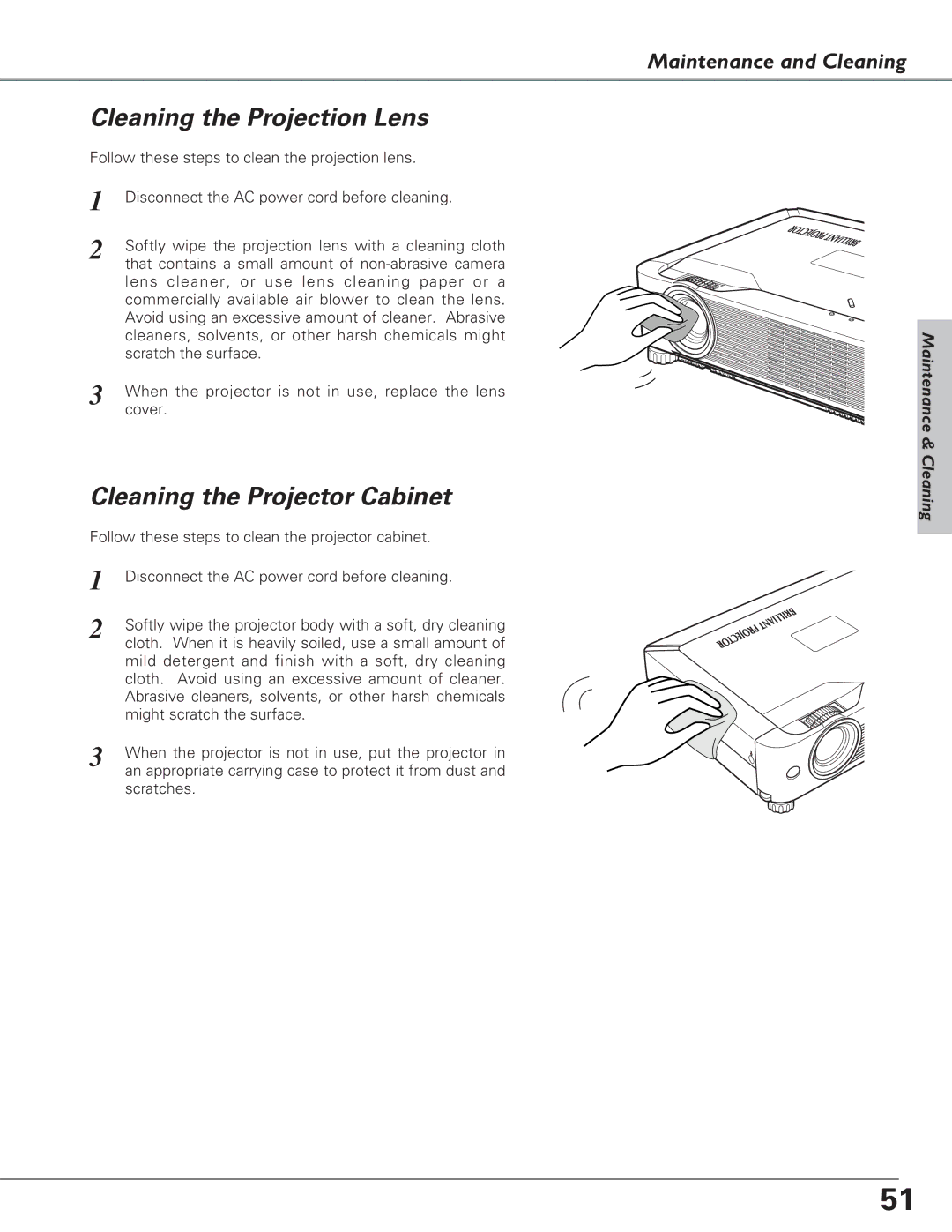 Eiki LC-XB23 owner manual Cleaning the Projection Lens, Cleaning the Projector Cabinet 