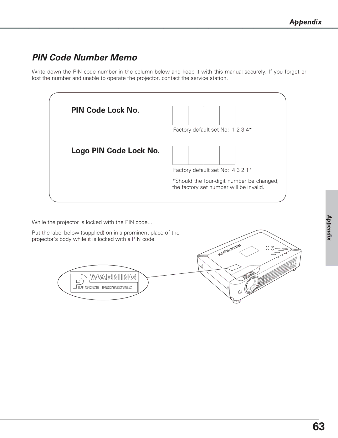 Eiki LC-XB23 owner manual PIN Code Number Memo, Logo PIN Code Lock No 