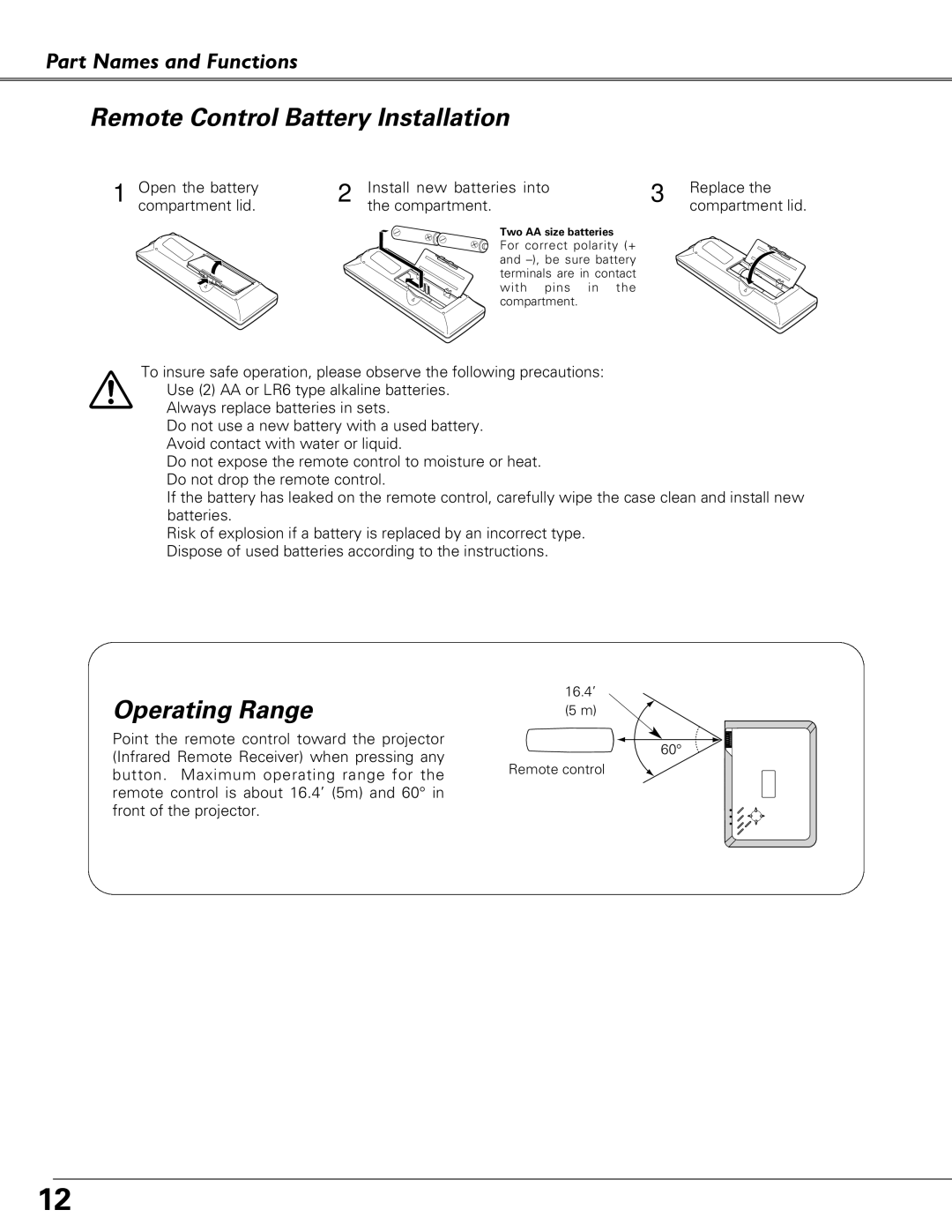 Eiki LC-XB23C owner manual Remote Control Battery Installation, Operating Range 