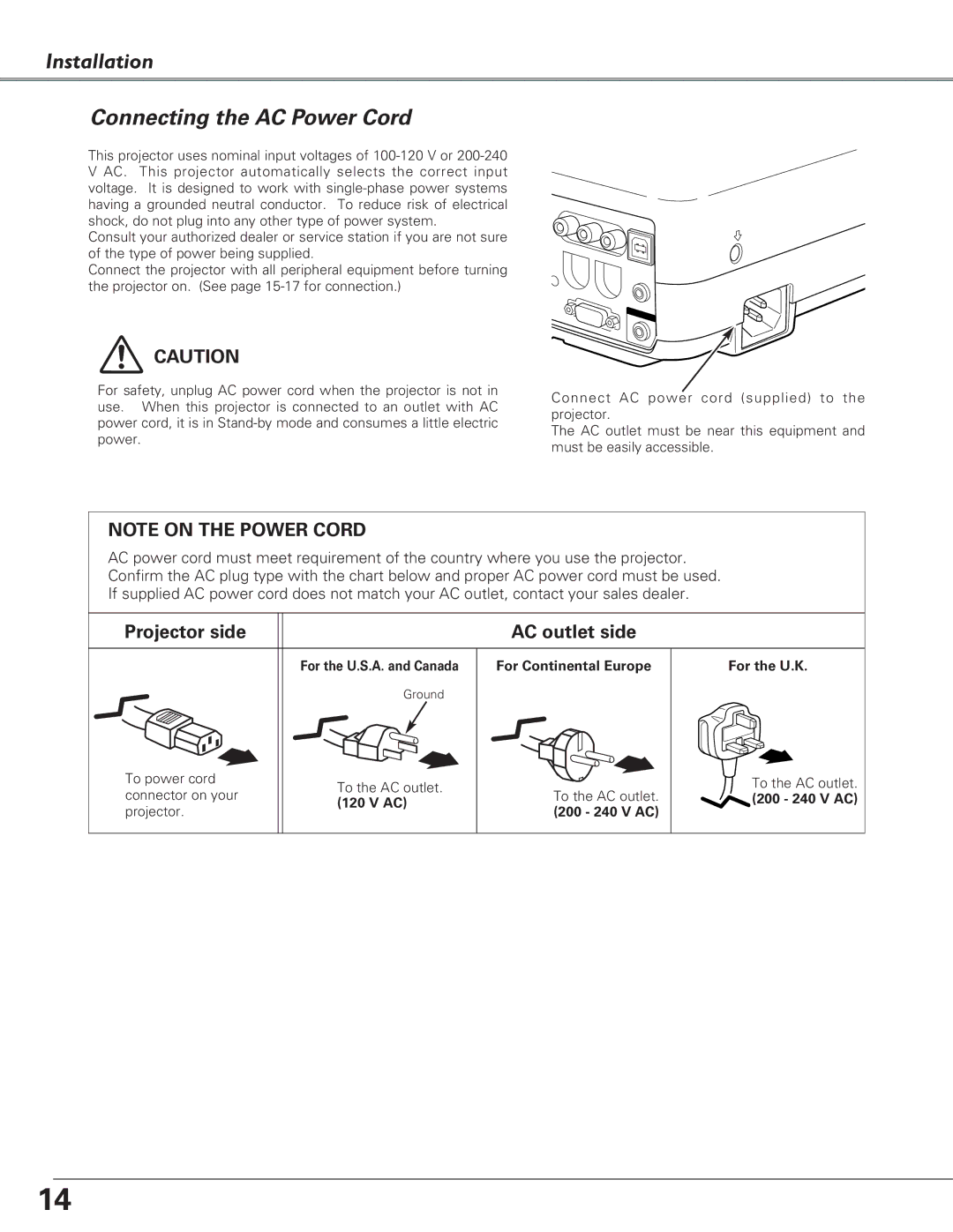 Eiki LC-XB23C owner manual Installation Connecting the AC Power Cord 