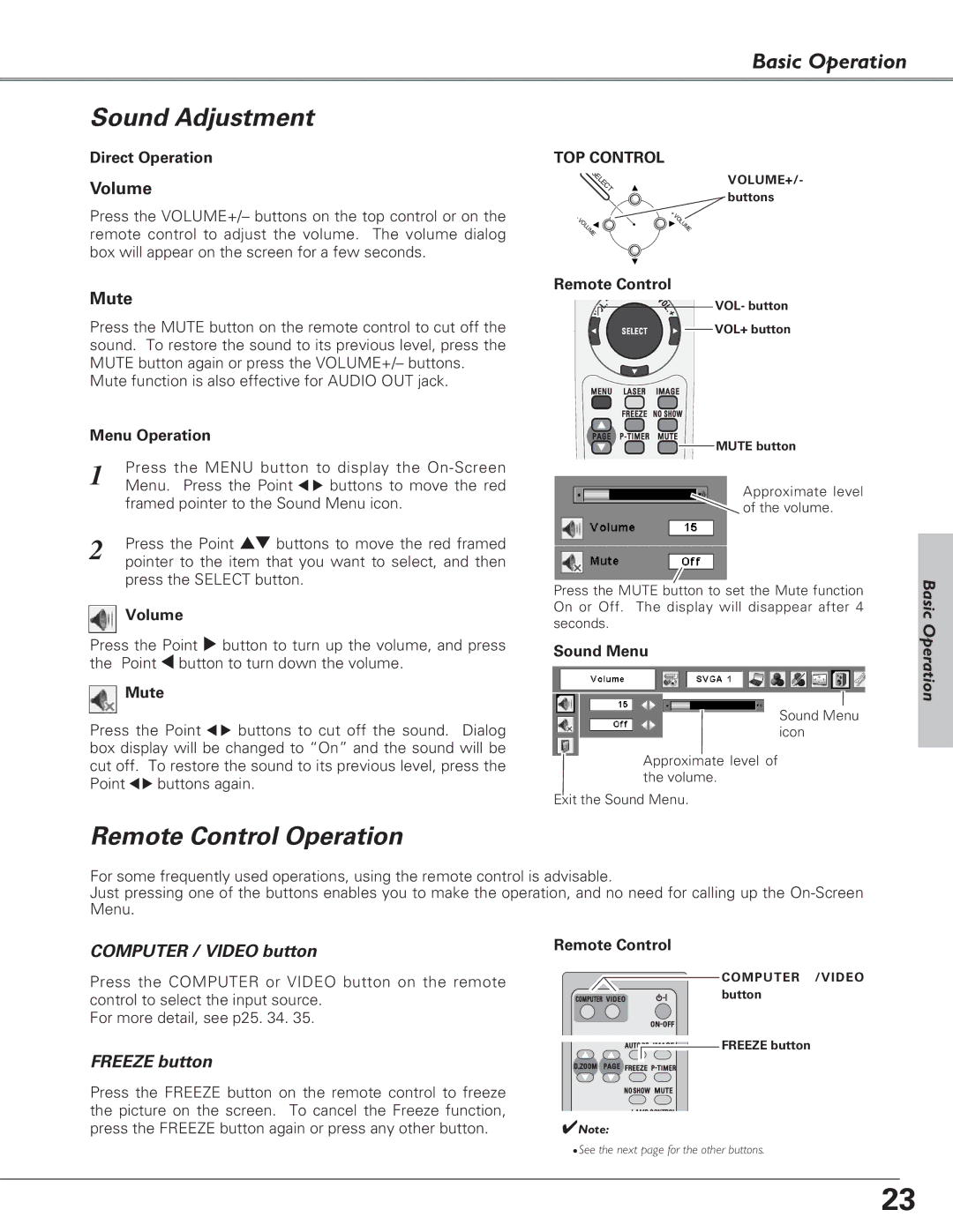 Eiki LC-XB23C owner manual Sound Adjustment, Remote Control Operation 