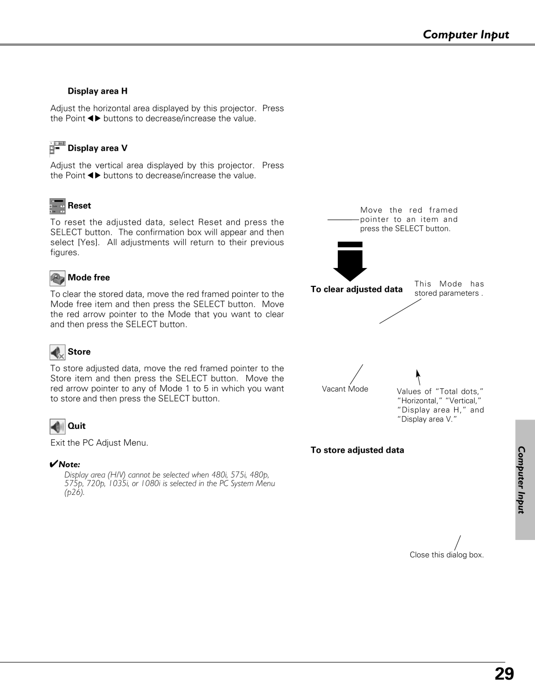 Eiki LC-XB23C owner manual Display area H, Reset, Mode free, Store, Quit, To clear adjusted data, To store adjusted data 