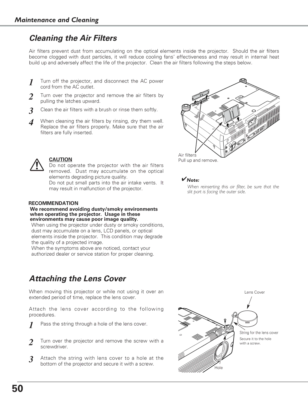 Eiki LC-XB23C owner manual Cleaning the Air Filters, Attaching the Lens Cover 