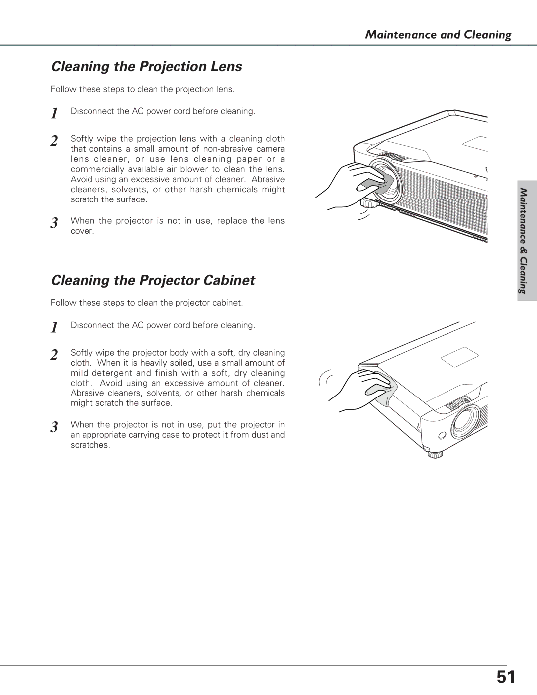 Eiki LC-XB23C owner manual Cleaning the Projection Lens, Cleaning the Projector Cabinet 