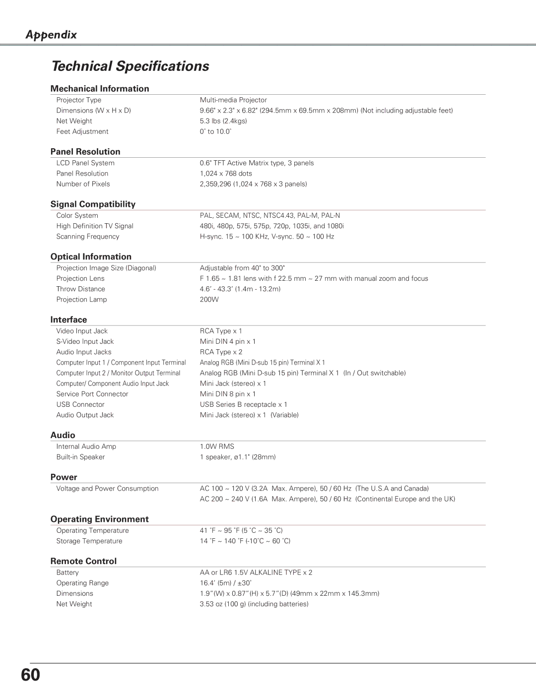 Eiki LC-XB23C owner manual Technical Specifications 