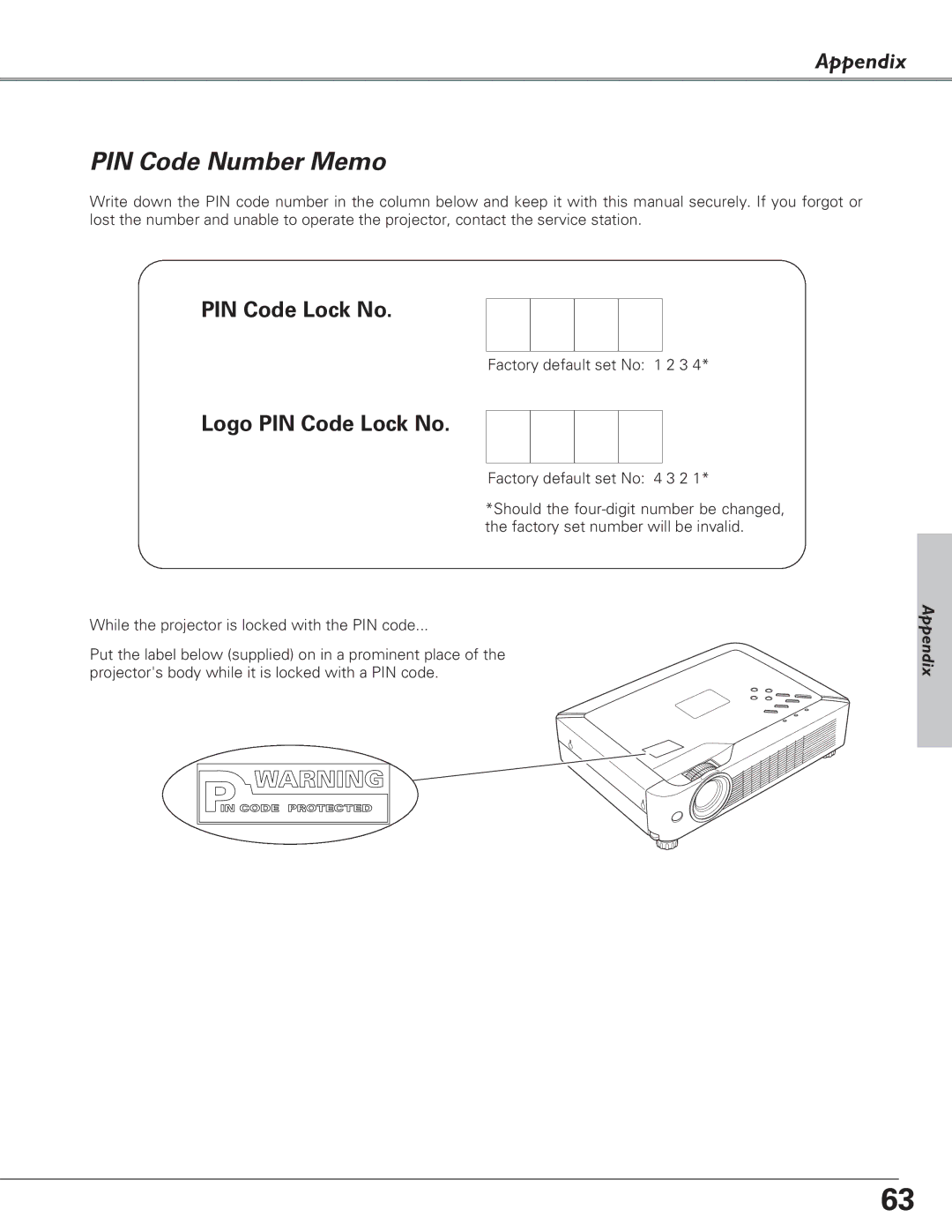 Eiki LC-XB23C owner manual PIN Code Number Memo, Logo PIN Code Lock No 