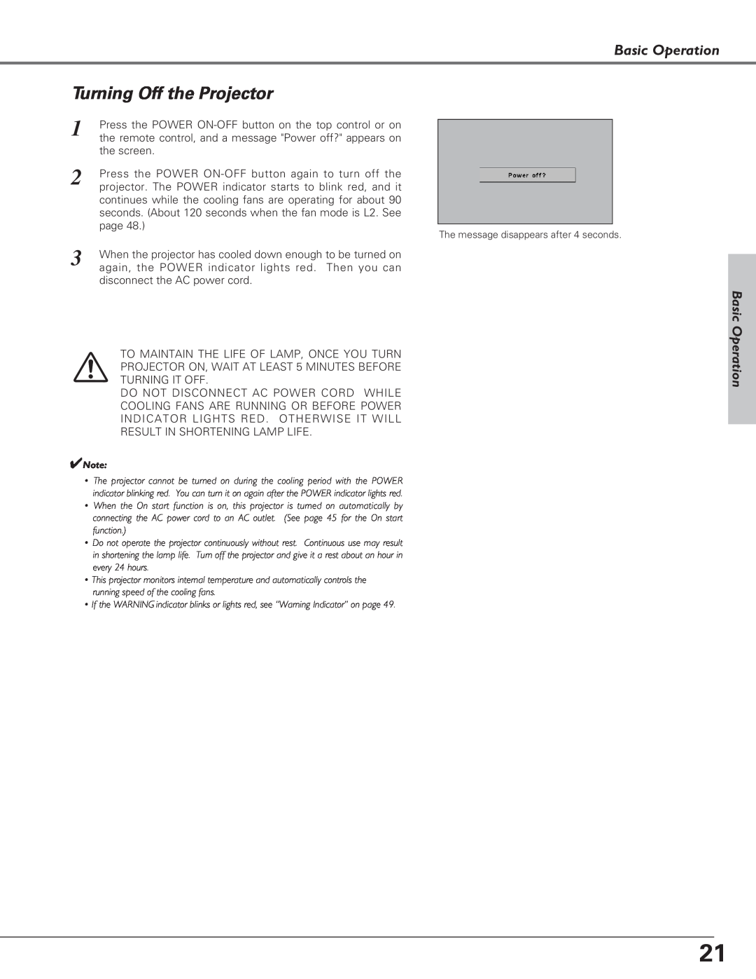 Eiki LC-XB21, LC-XB26 owner manual Turning Off the Projector, Basic Operation 