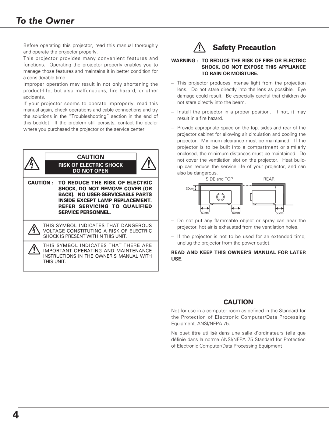 Eiki LC-XB26, LC-XB21 owner manual To the Owner, Safety Precaution, Risk Of Electric Shock Do Not Open 