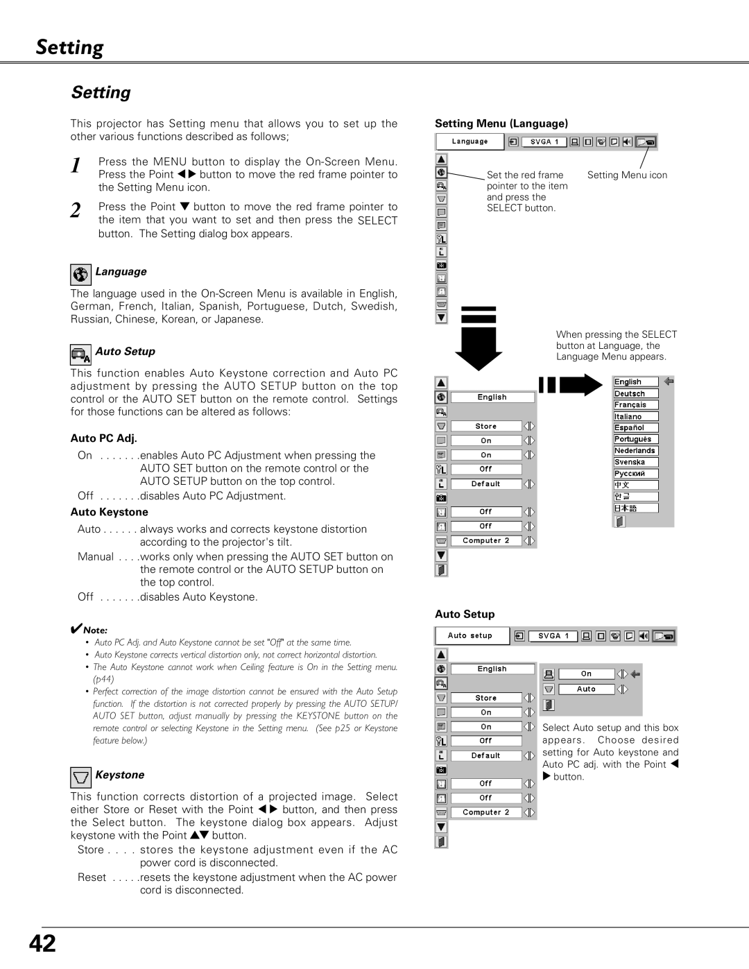 Eiki LC-XB26, LC-XB21 owner manual Auto Setup, Auto PC Adj, Auto Keystone, Setting Menu Language 