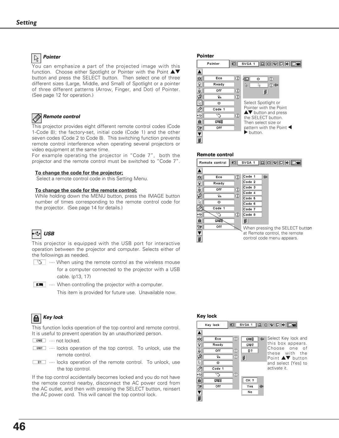 Eiki LC-XB26, LC-XB21 owner manual Setting, Pointer, Remote control, To change the code for the projector, Key lock 