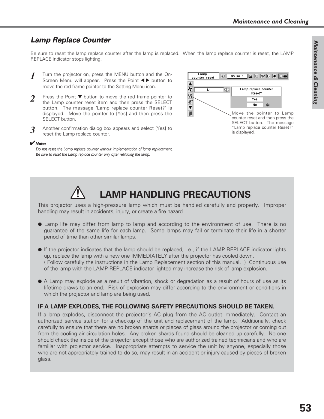 Eiki LC-XB21, LC-XB26 owner manual Lamp Replace Counter, Lamp Handling Precautions, Maintenance and Cleaning 