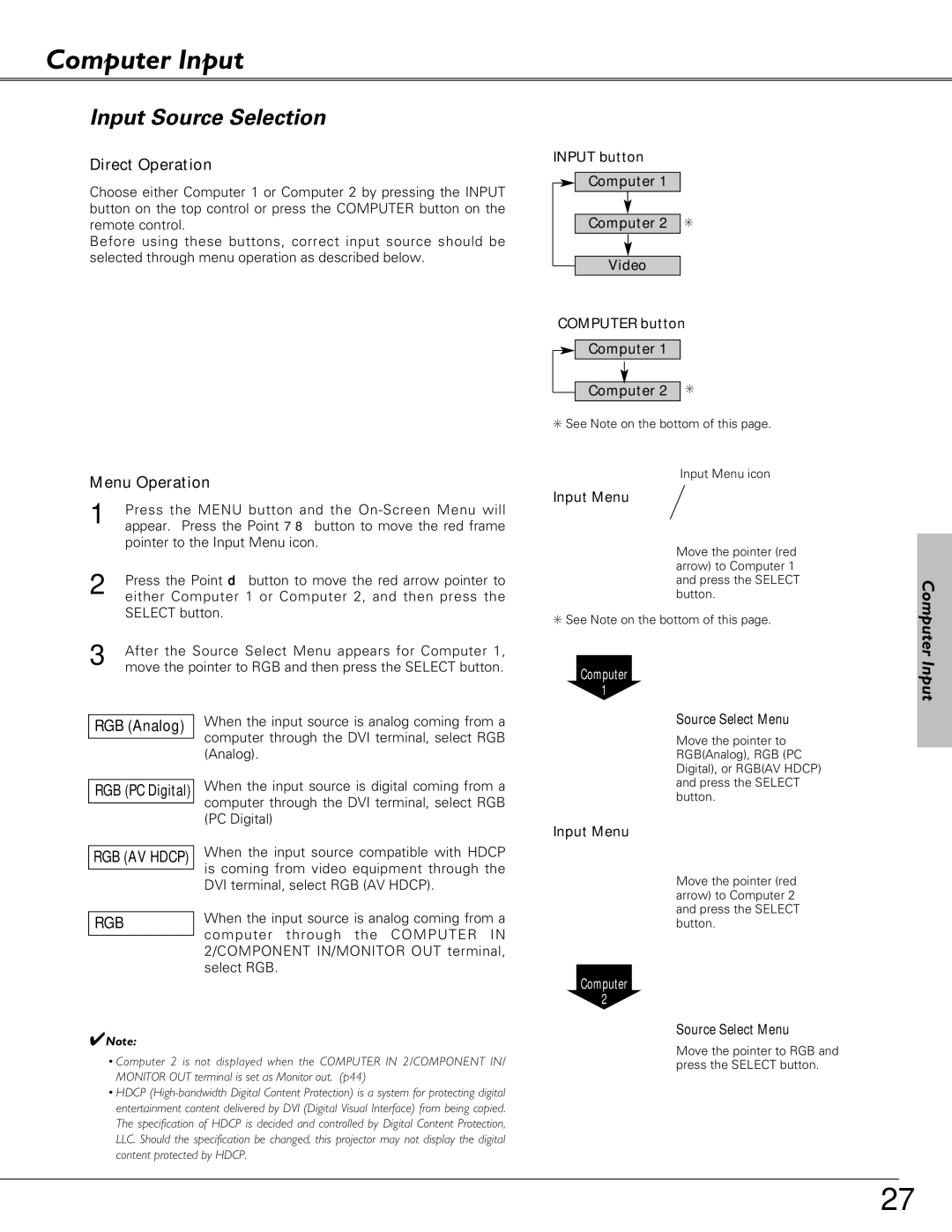 Eiki LC-XB21, LC-XB26 owner manual Computer Input, Input Source Selection 