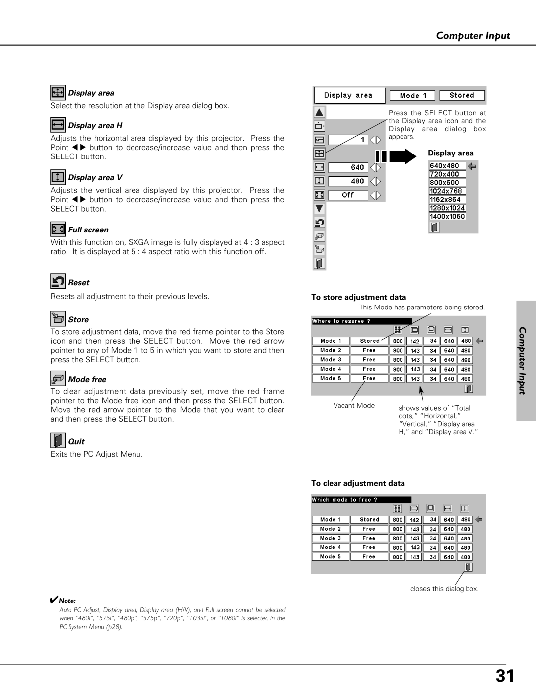 Eiki LC-XB21, LC-XB26 owner manual Display area H, Full screen, Reset, Store, Mode free, Quit 