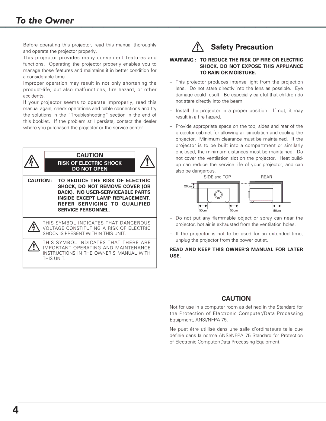 Eiki LC-XB26, LC-XB21 owner manual To the Owner, Risk of Electric Shock Do not Open 