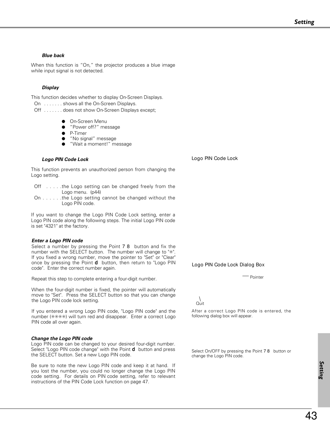 Eiki LC-XB21, LC-XB26 owner manual Setting 