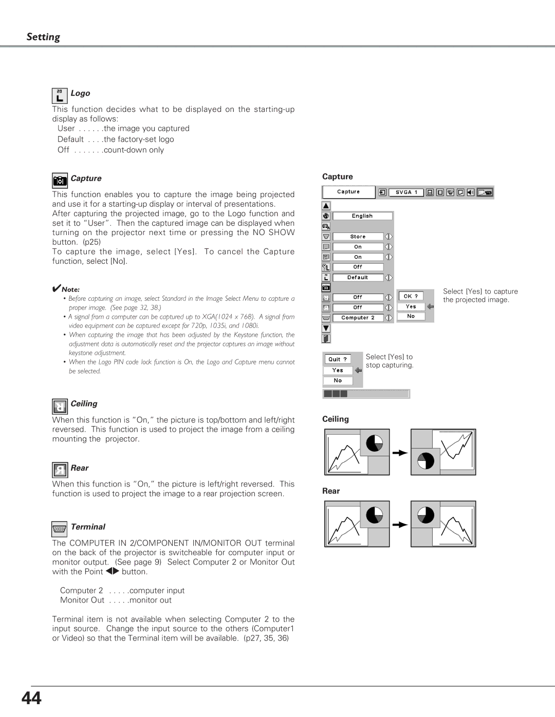 Eiki LC-XB26, LC-XB21 owner manual Logo, Capture, Ceiling, Rear, Terminal 