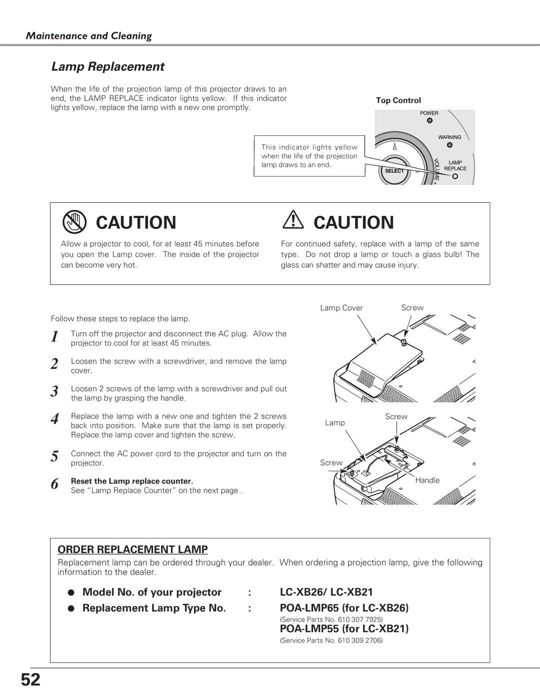 Eiki LC-XB26, LC-XB21 owner manual Lamp Replacement, Reset the Lamp replace counter 