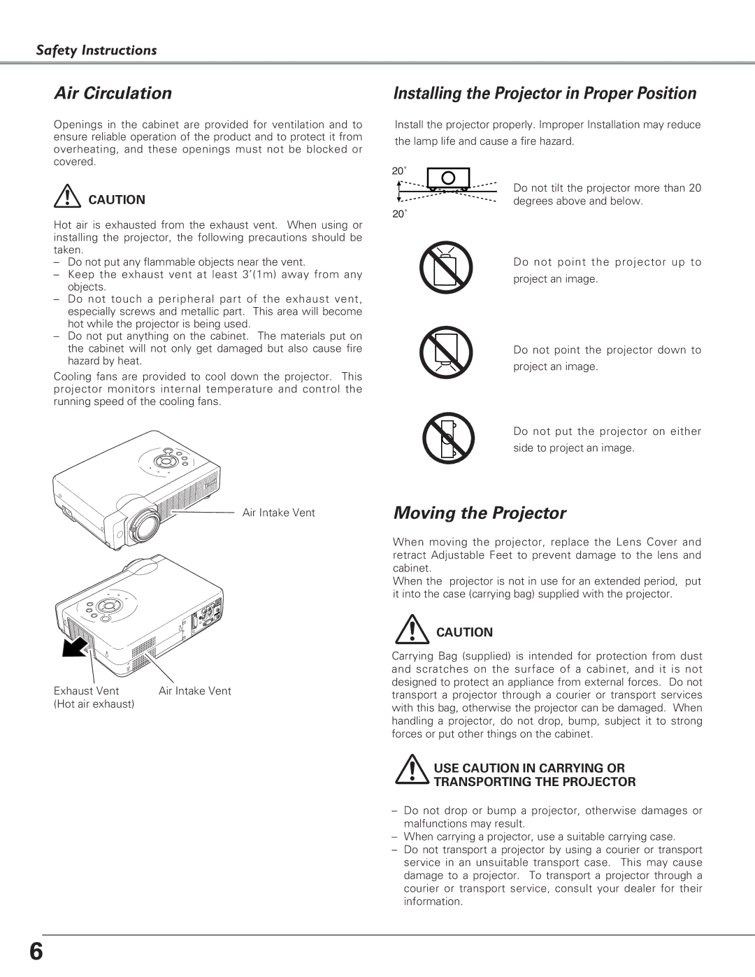 Eiki LC-XB26, LC-XB21 owner manual Air Circulation, Installing the Projector in Proper Position, Moving the Projector 