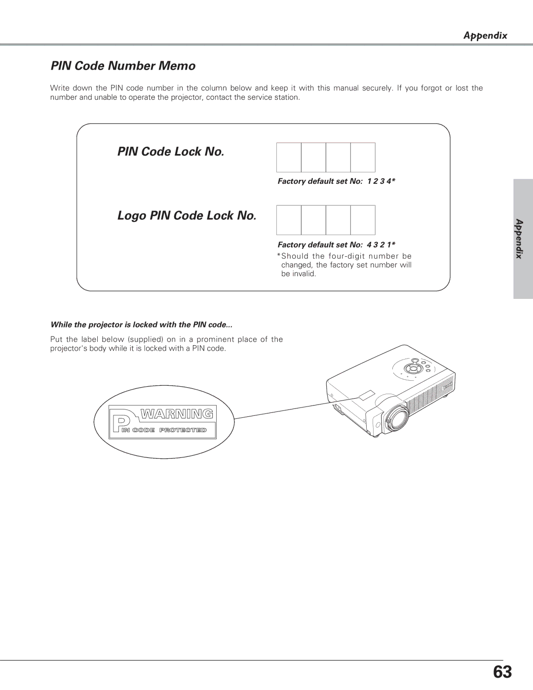 Eiki LC-XB21, LC-XB26 owner manual PIN Code Number Memo, Logo PIN Code Lock No 