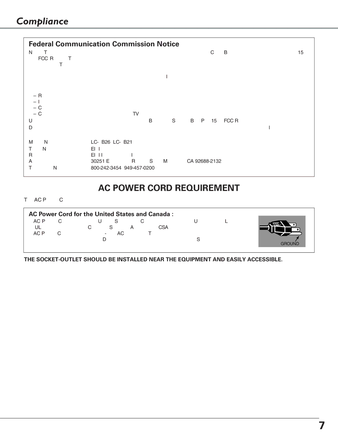 Eiki LC-XB21, LC-XB26 owner manual Compliance, Federal Communication Commission Notice 