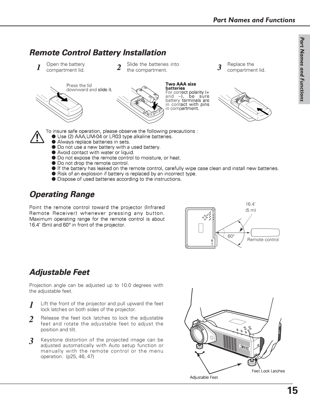 Eiki LC-XB27 owner manual Remote Control Battery Installation, Operating Range, Adjustable Feet, Part Names and Functions 