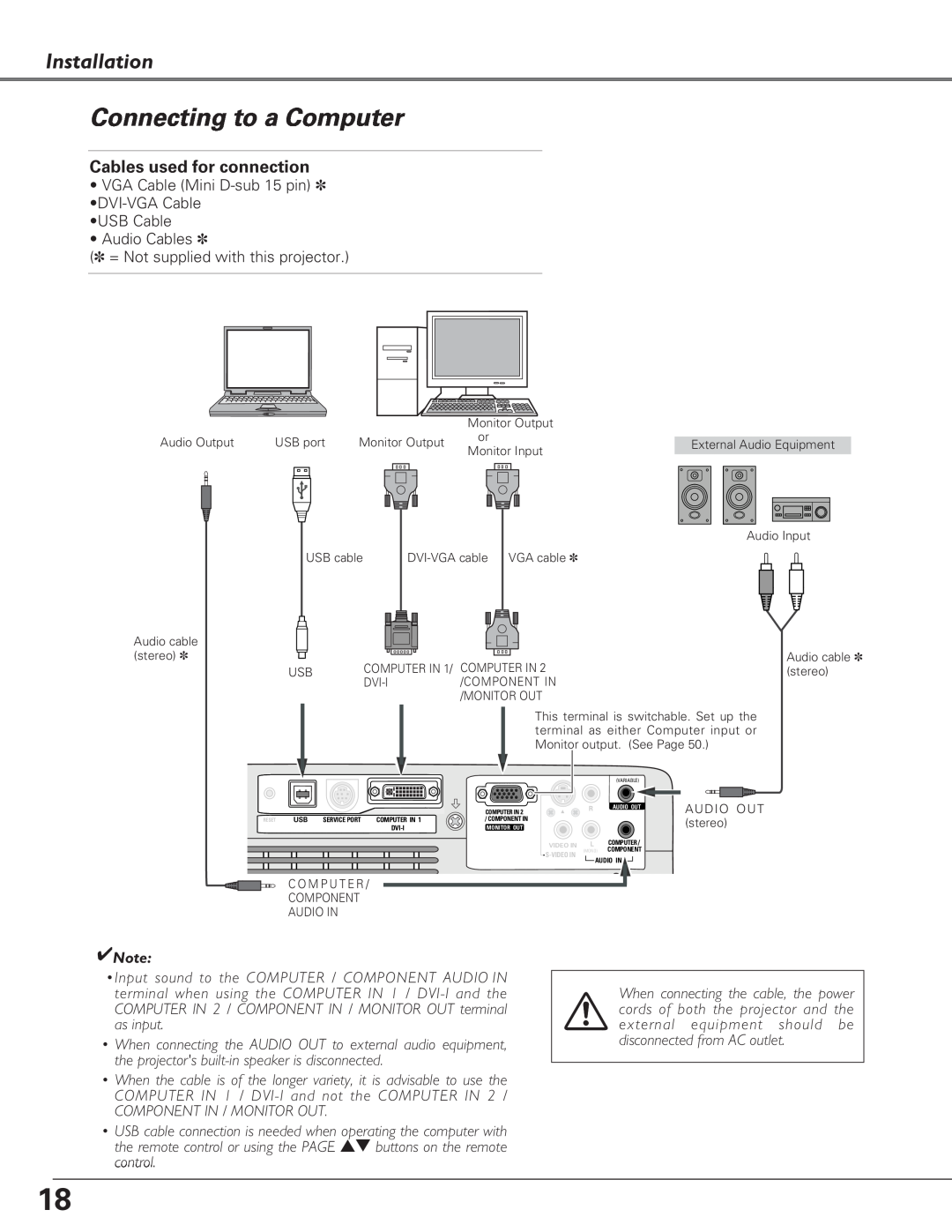 Eiki LC-XB27 owner manual Connecting to a Computer, Installation, Cables used for connection 
