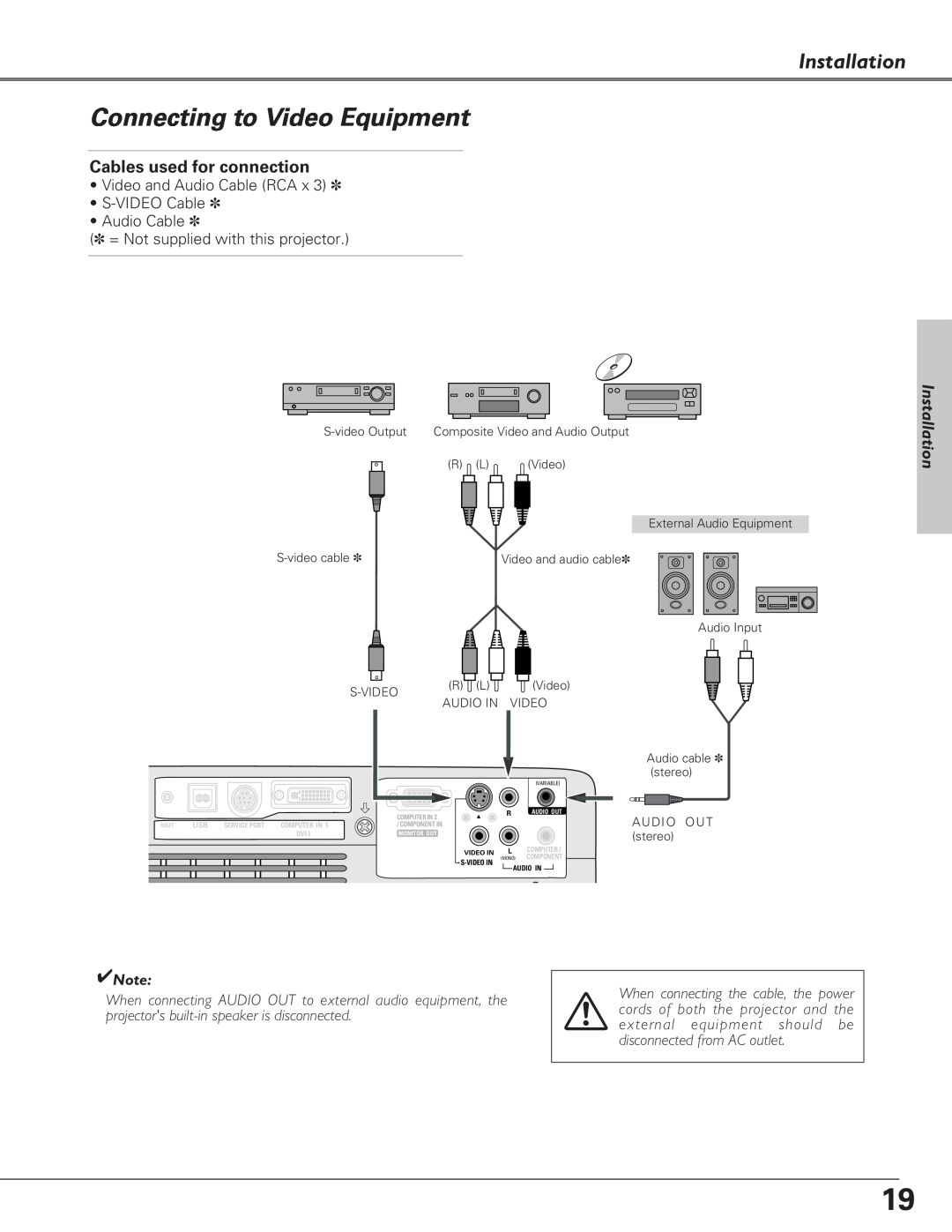 Eiki LC-XB27 owner manual Connecting to Video Equipment, Installation, When connecting the cable, the power 