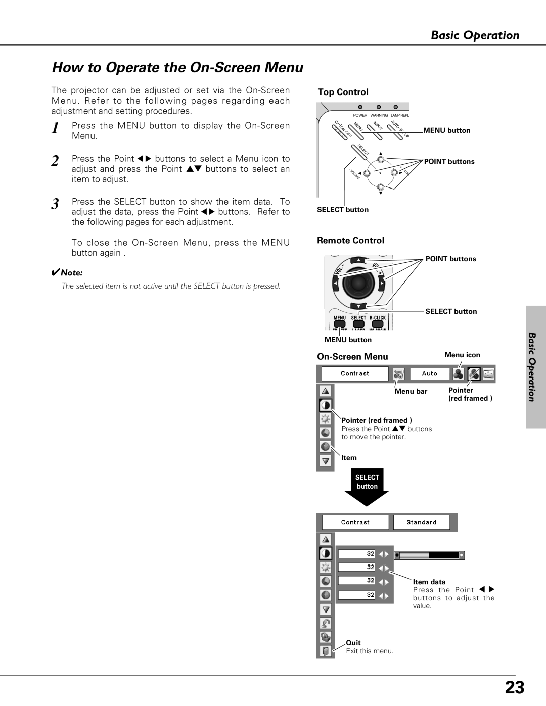 Eiki LC-XB27 owner manual How to Operate the On-Screen Menu, Basic Operation, Top Control, Remote Control 
