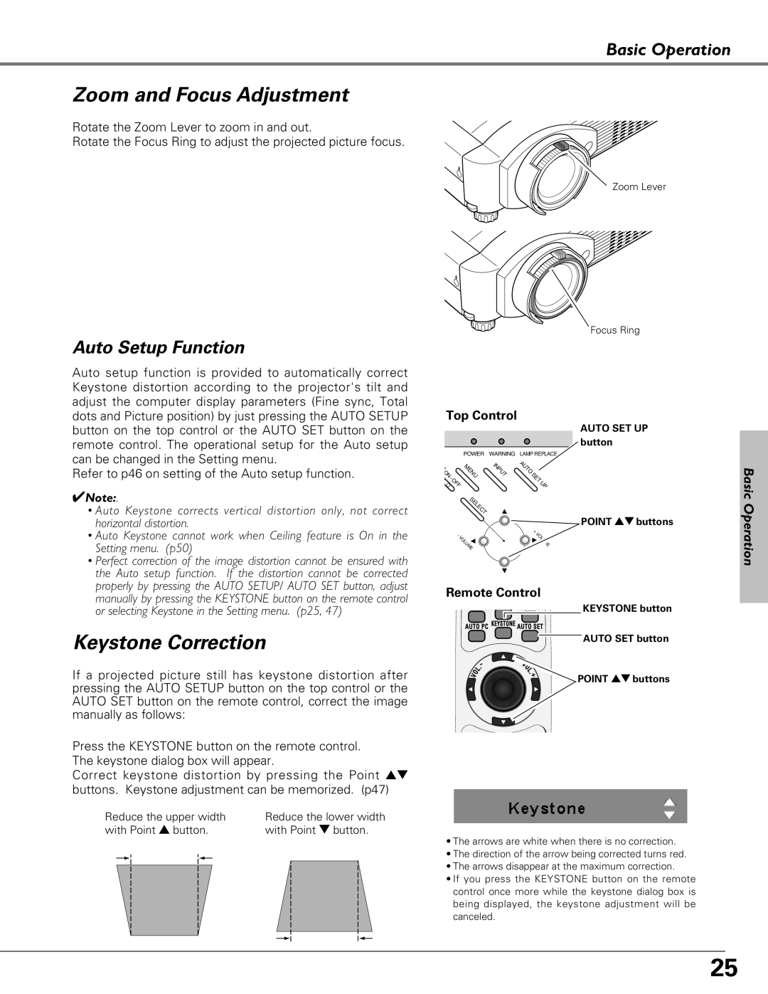 Eiki LC-XB27 owner manual Zoom and Focus Adjustment, Keystone Correction, Auto Setup Function, Basic Operation, Top Control 