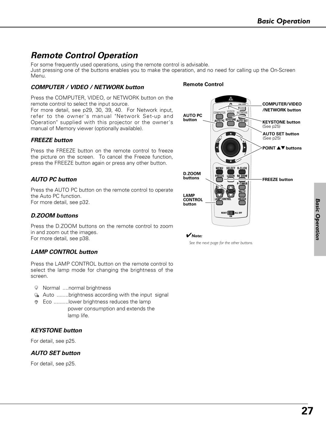 Eiki LC-XB27 Remote Control Operation, COMPUTER / VIDEO / NETWORK button, FREEZE button, AUTO PC button, D.ZOOM buttons 