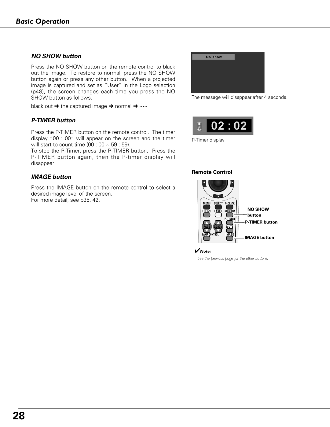 Eiki LC-XB27 owner manual NO SHOW button, P-TIMER button, IMAGE button, Basic Operation, Remote Control 