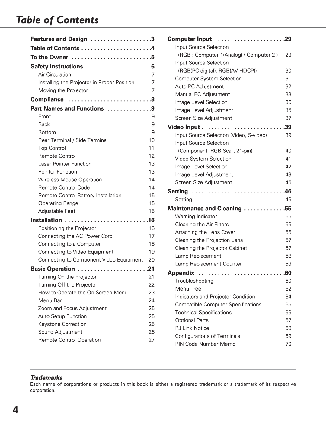 Eiki LC-XB27 owner manual Table of Contents, Trademarks 