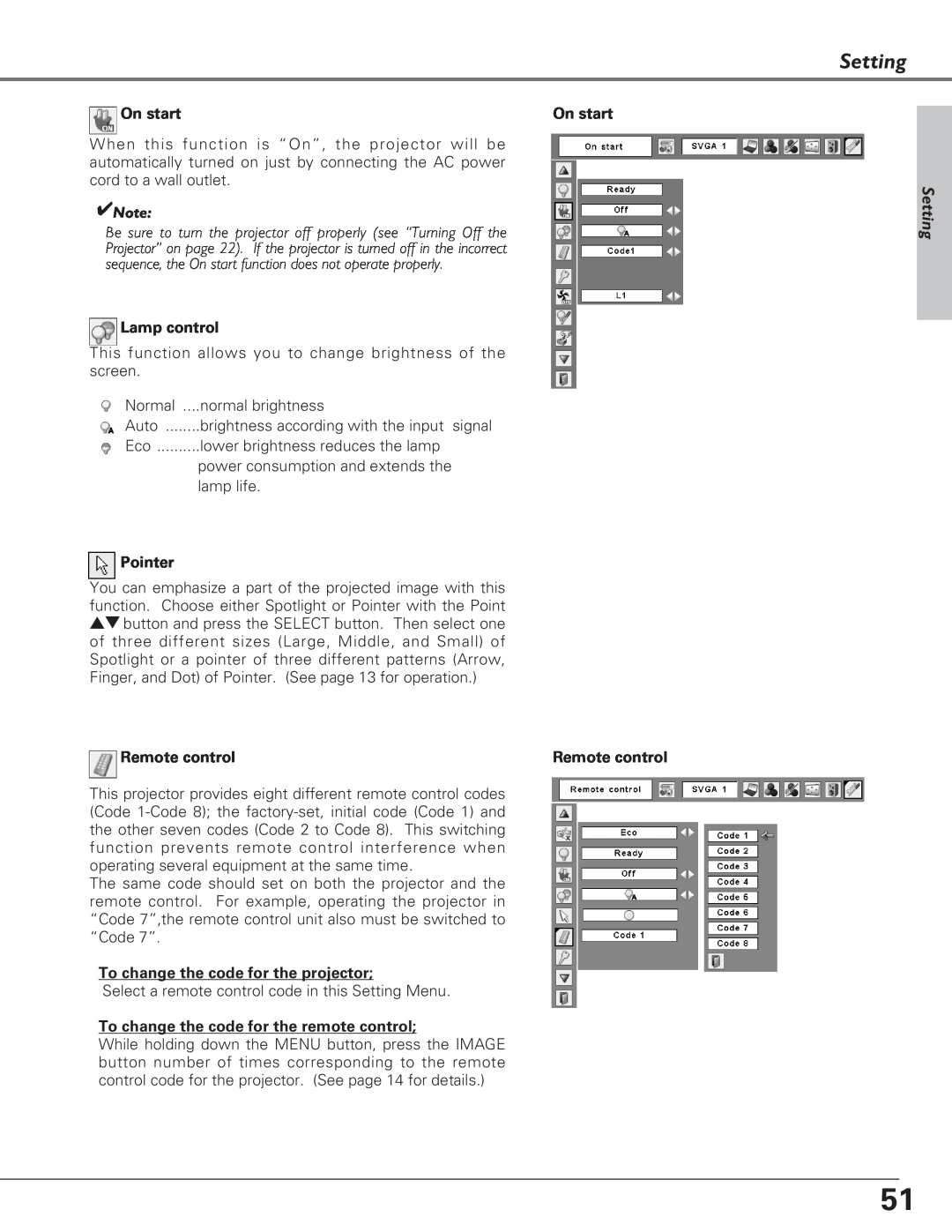 Eiki LC-XB27 owner manual Setting, On start, Lamp control, Pointer, Remote control, To change the code for the projector 