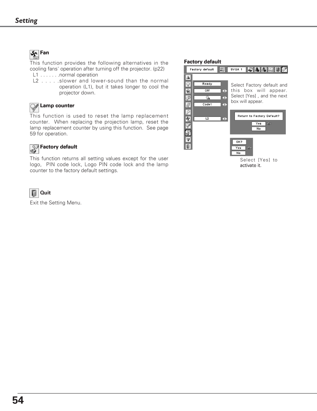 Eiki LC-XB27 owner manual Setting, Factory default, Lamp counter, Quit 