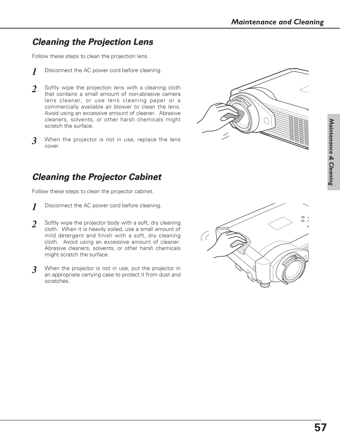 Eiki LC-XB27 owner manual Cleaning the Projection Lens, Cleaning the Projector Cabinet, Maintenance and Cleaning 
