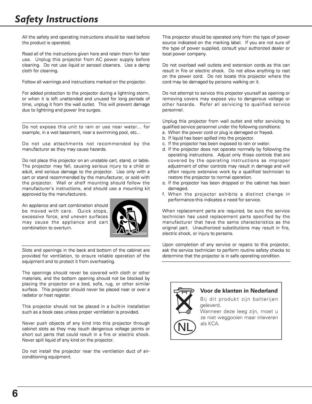 Eiki LC-XB27 owner manual Safety Instructions, Voor de klanten in Nederland 