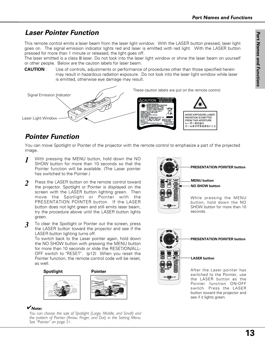 Eiki LC-XB27 owner manual Laser Pointer Function, Spotlight Pointer 