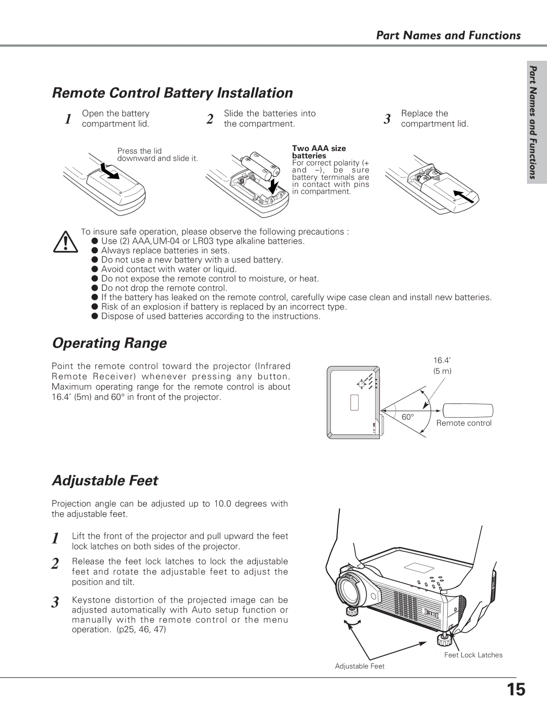 Eiki LC-XB27 owner manual Remote Control Battery Installation, Operating Range, Adjustable Feet 