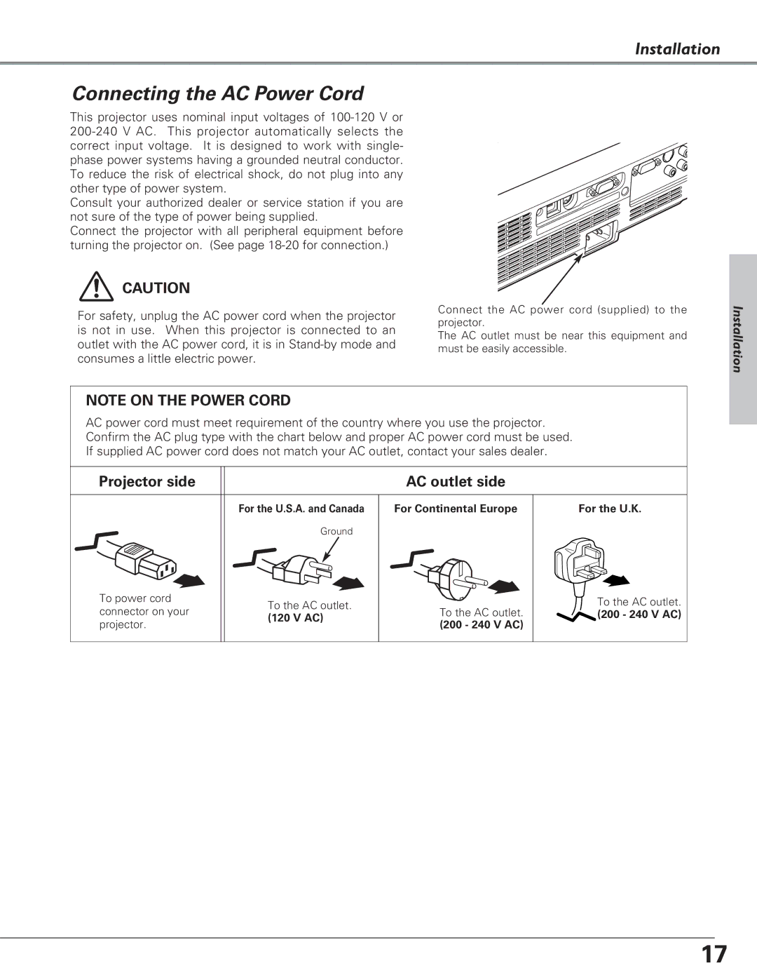 Eiki LC-XB27 owner manual Connecting the AC Power Cord, Installation 