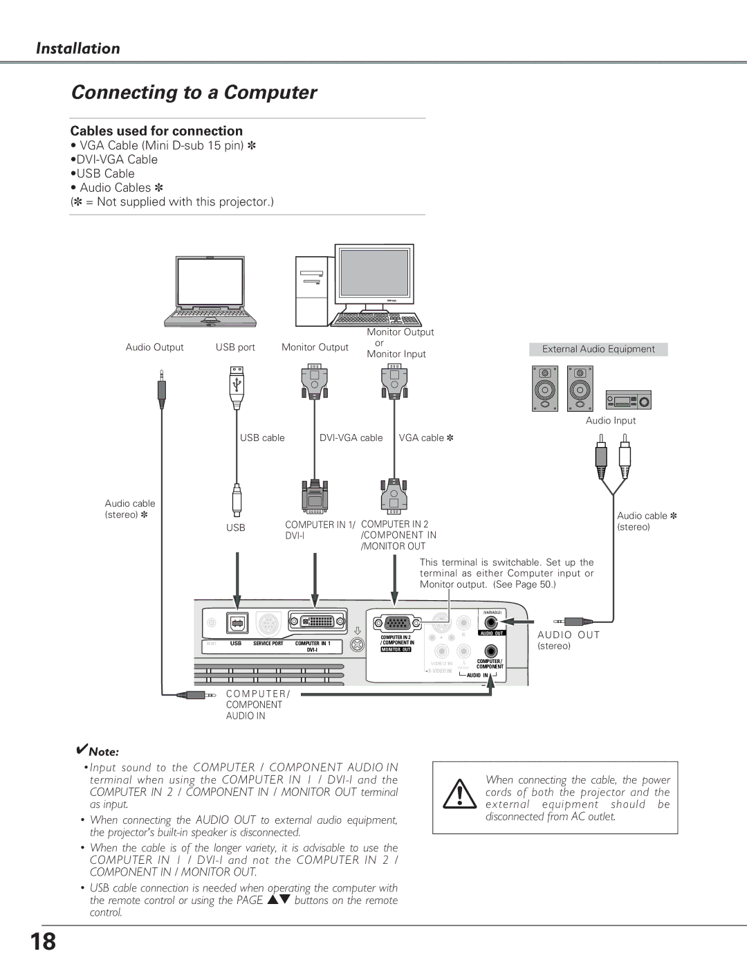 Eiki LC-XB27 owner manual Connecting to a Computer, Cables used for connection 