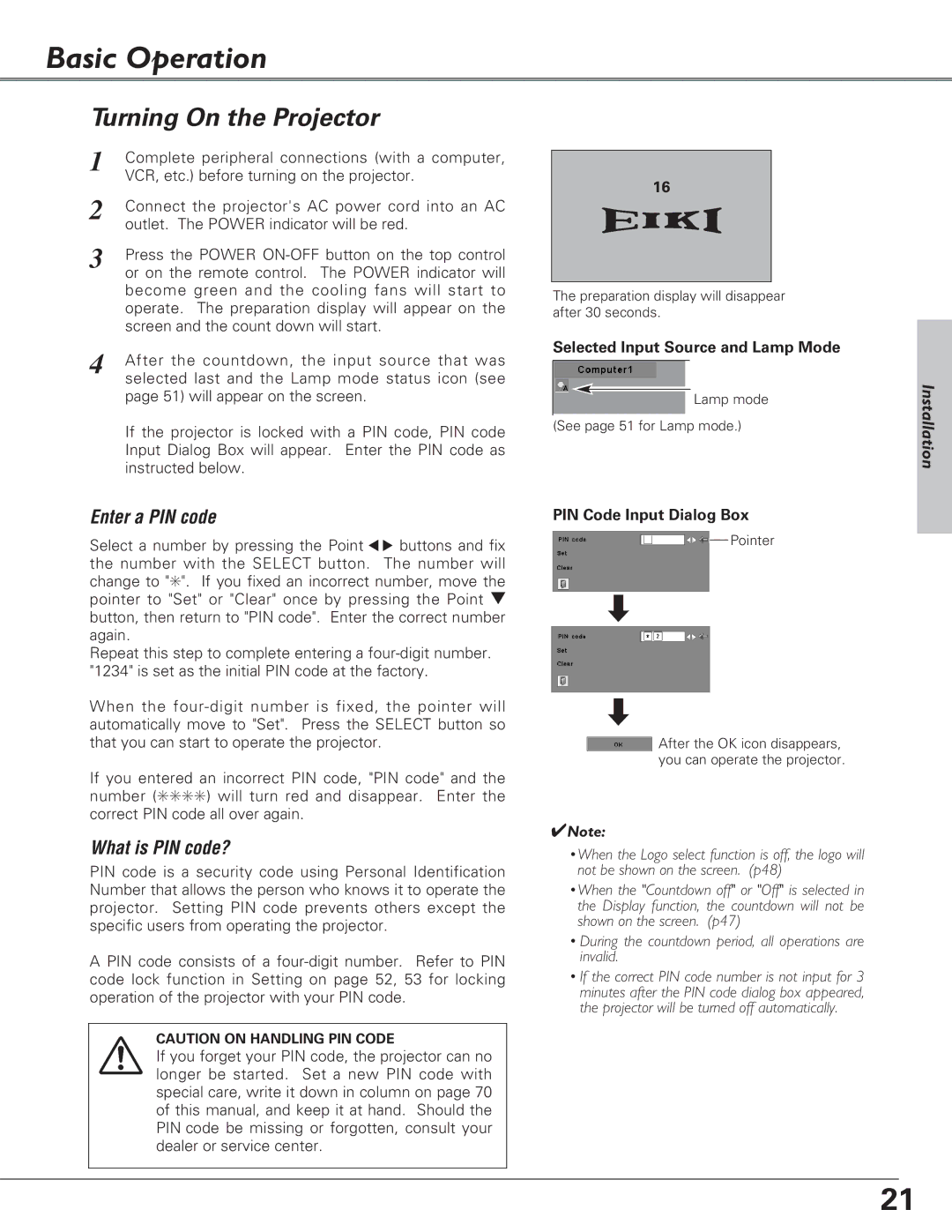 Eiki LC-XB27 Basic Operation, Turning On the Projector, Selected Input Source and Lamp Mode, PIN Code Input Dialog Box 