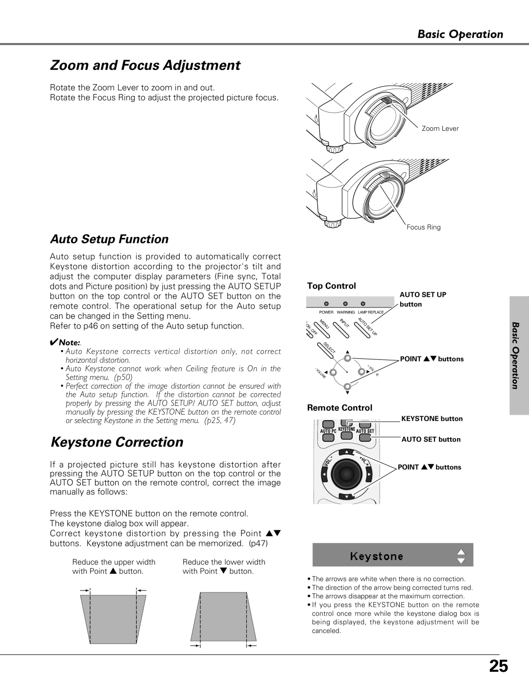 Eiki LC-XB27 owner manual Zoom and Focus Adjustment, Keystone Correction 