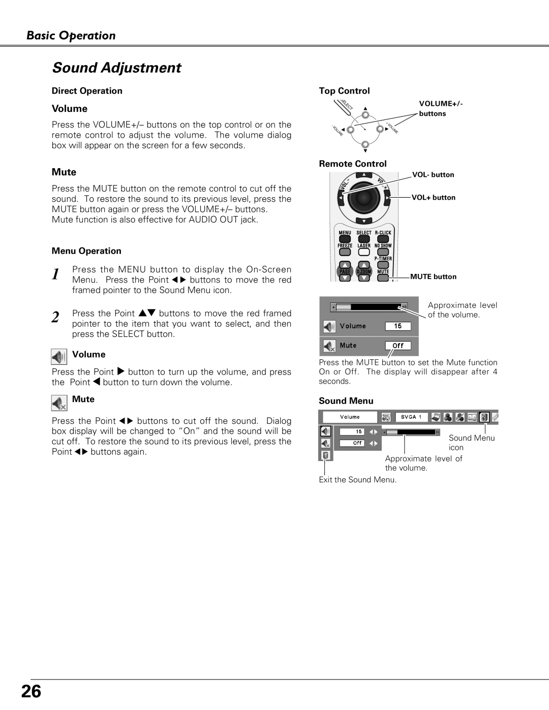 Eiki LC-XB27 owner manual Sound Adjustment 