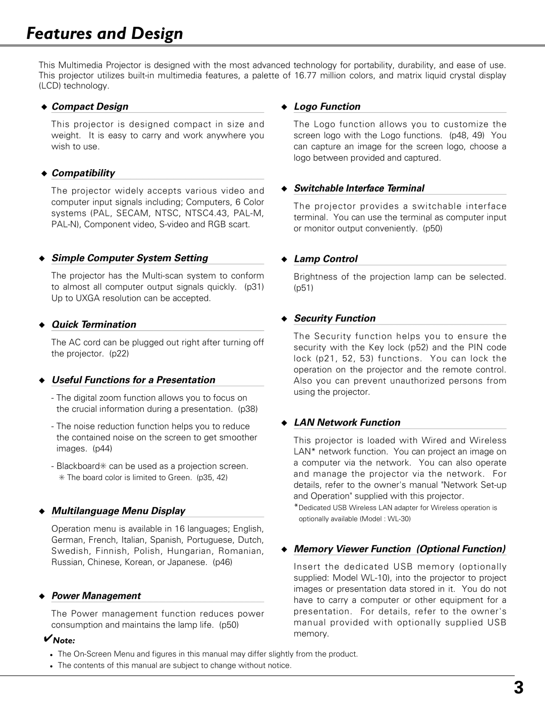 Eiki LC-XB27 owner manual Features and Design 