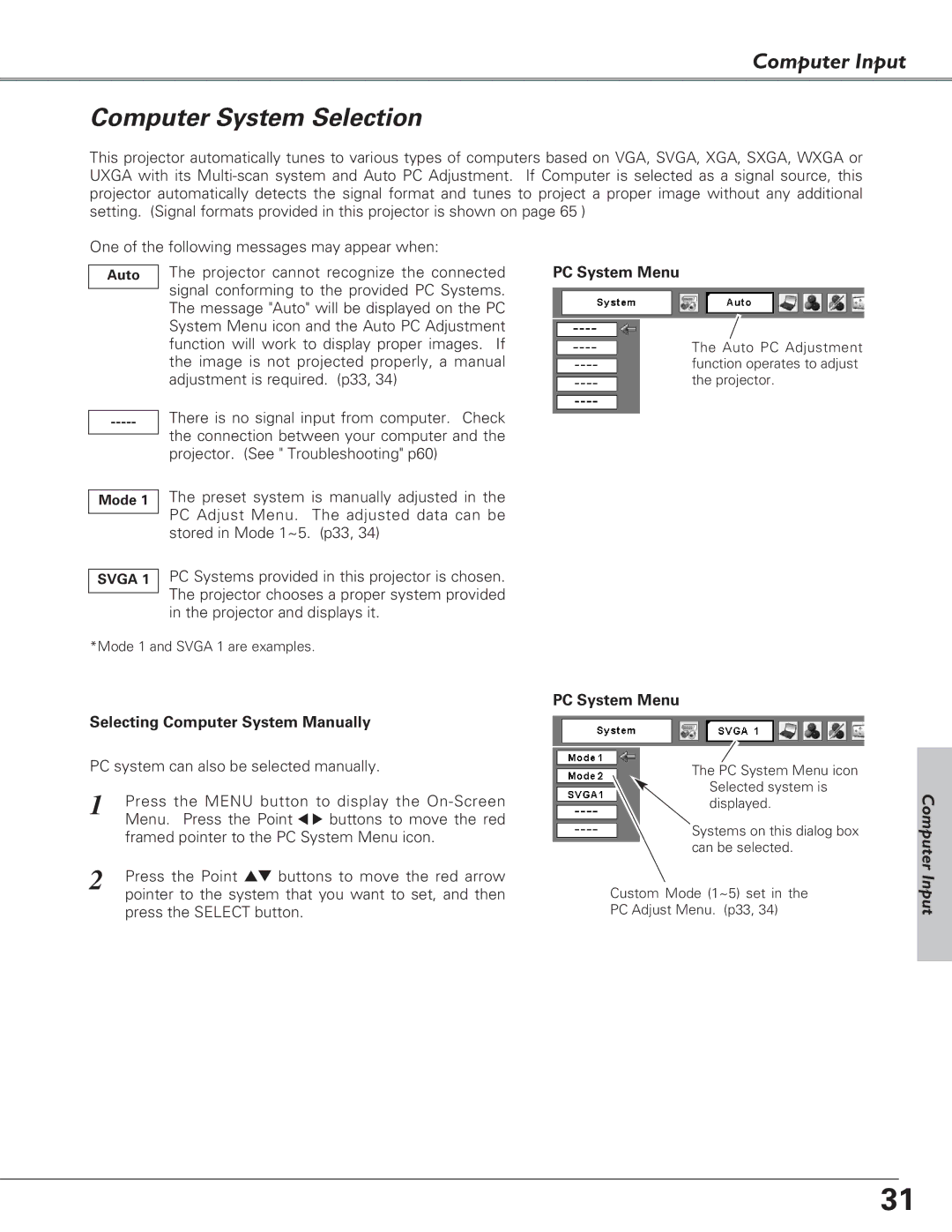 Eiki LC-XB27 owner manual Computer System Selection, Selecting Computer System Manually 